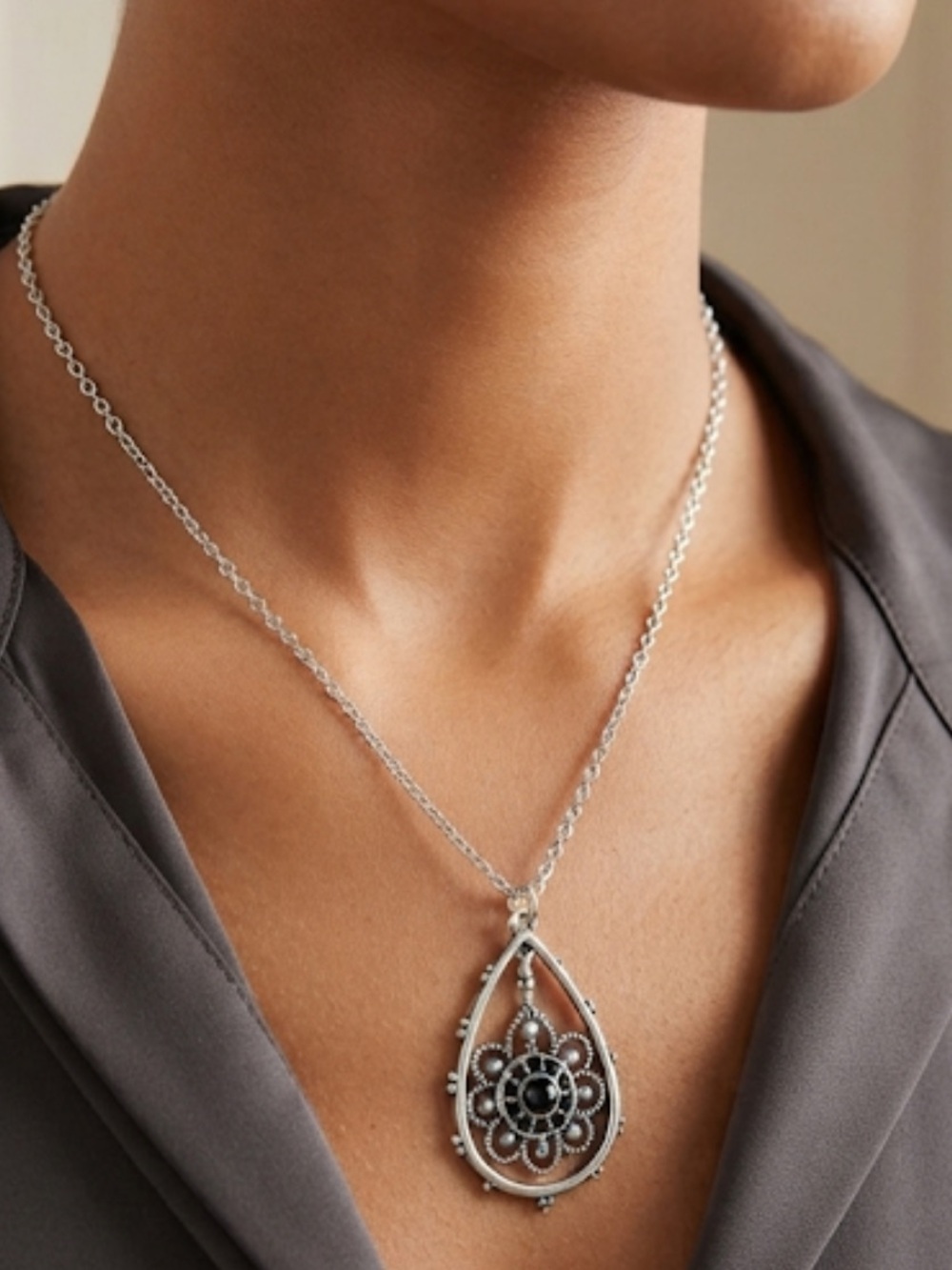 Silver-Tone Teardrop Filigree Pendant Necklace - Black Accent